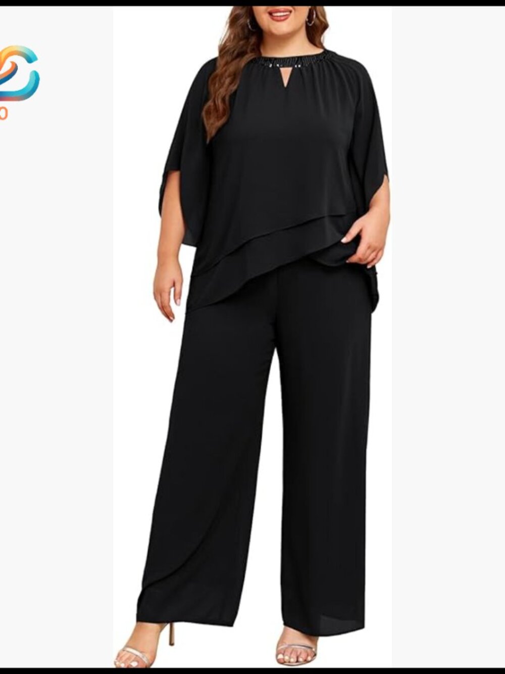 Plus Size Formal Pantsuit Wedding Guest Outfit Chiffon 3/4 Sleeve